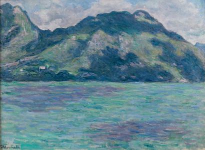 BLANCHE HOSCHEDE-MONET (1865-1947). Le lac au pied de la montagne. Huile sur toile...