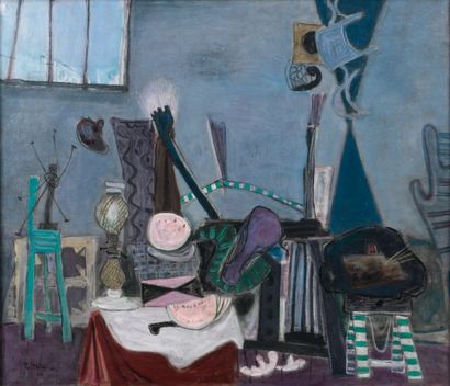 PIERRE GRIMM (1898-1979). L'atelier, 1950. Huile sur toile signée en bas à gauche....
