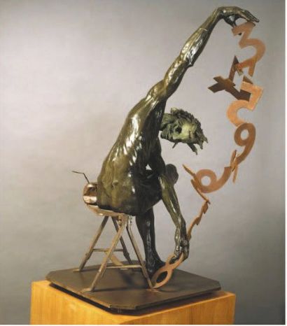 DANIEL HOURDE (1947) Le destin est pressé, 1999. Bronze à patine brun-vert, et laiton,...