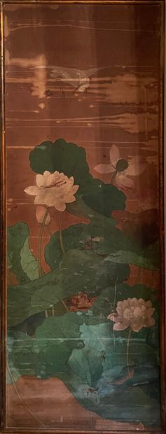 null Suite de deux peintures sur soie figurant l'envol d'une grue au-dessus de lotus.

Dim....