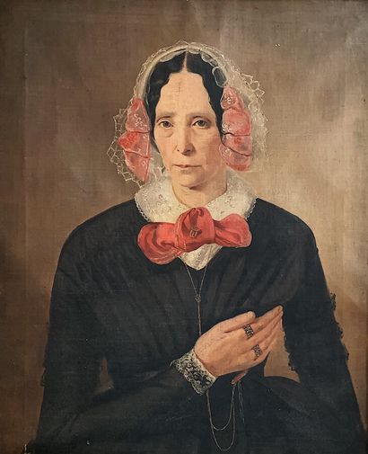  Ecole du XIXe siècle 
Portrait de femme au châle rouge 
Huile sur toile 
Hauteur...