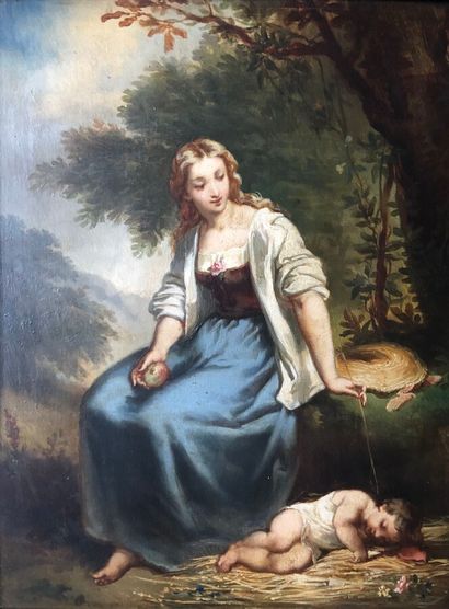 null Ecole française vers 1860 

Jeune femme titillant un enfant endormi 

Huile...
