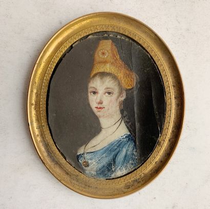 null Miniature ovale figurant le portrait d'une femme au bonnet révolutionnaire....