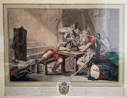 null DESFOSSES, école française du XVIIIe siècle 

Le Corps de garde, 1771 

Aquarelle...