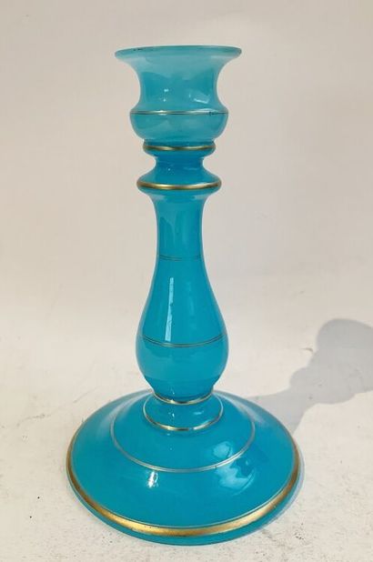 Candlestick in blue opaline glass decorated...