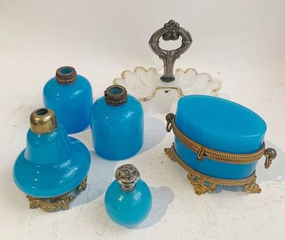 Blue opaline glass lot including four bottles and an oval box with gilded brass...