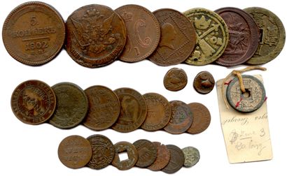null Lot de 23 pièces en bronze et en cuivre françaises et étrangères du 19e siècle....
