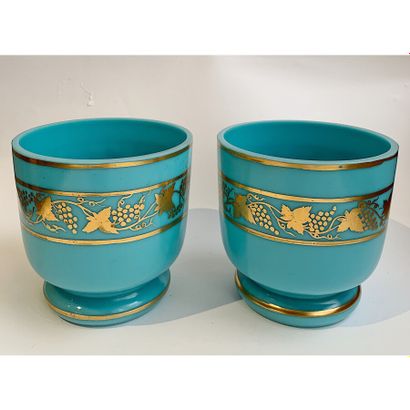 Pair of blue opaline glass planters, decorated...