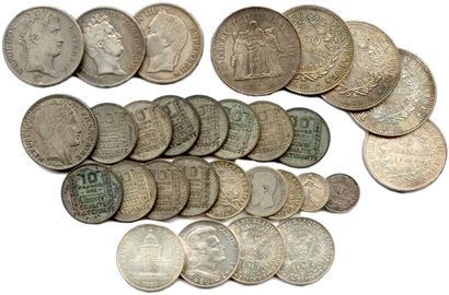 null Lot de 29 pièces en argent : 3 pièces de 5 Francs Napoléon Ier, Louis-Philippe...