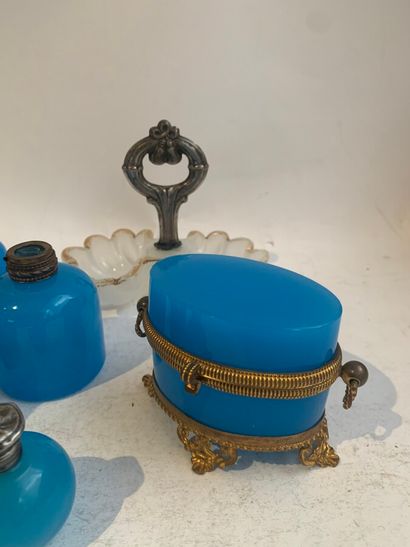  Blue opaline glass lot including four bottles and an oval box with gilded brass...