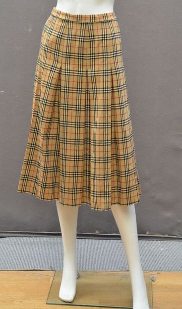 null BURBERRY - Pleated skirt in wool twill with tartan pattern on beige background,...