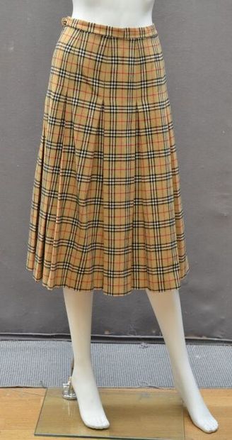 null BURBERRY - Pleated skirt in wool twill with tartan pattern on beige background,...