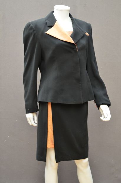 null TABALA Paris - Three-piece black wool and silk change suit featuring an asymmetrical...