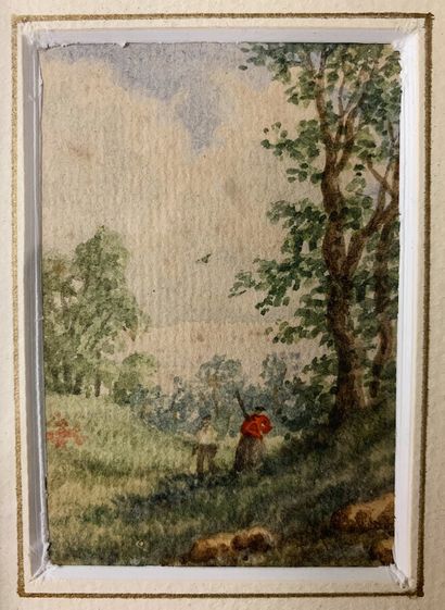  Ecole du XIXe siècle 
Paysage avec bergers 
Aquarelle sur papier 
Hauteur : 27 cm...