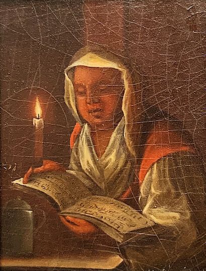  Ecole flamande du XVIIe siècle 
Femme à la lecture 
Huile sur toile marouflée sur...