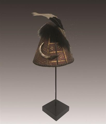 null Rattan Naga HAT decorated with yellow orchid stems, hornbill feather, fur, warthog...