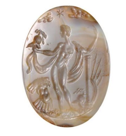  Grande INTAILLE ovale gravée d'un dieu Mars avec ses armes Calcédoine. XVII ème...