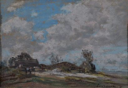 BOUDIN Eugene (1824-1898) Paysage animé Pastel portant le cachet de la signature...