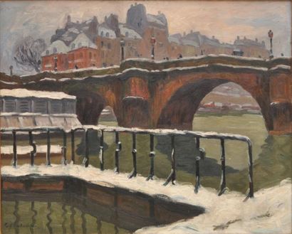 BALANDE Gaston (1880-1971) Le pont Neuf sous la neige Toile signee en bas a gauche...