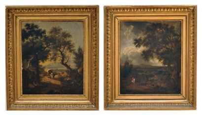 Ferdinand KOBELL (1740 - 1799) Cavalier et paysans au repos dans un paysage Carriole...