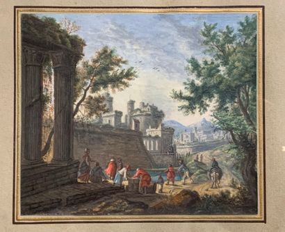 null Attribué à Adam PERELLE (1640-1695)
Scène de port animé dans un paysage néo-classique.
Gouache
11...