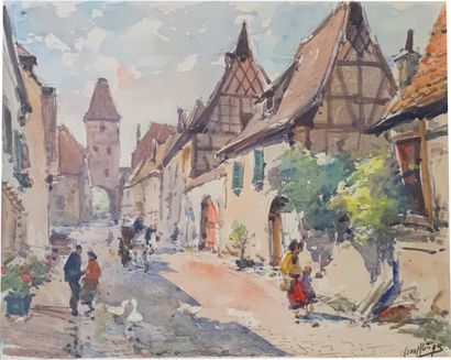 null HAEFFLINGER ( actif au XXème siècle)
"Rue animée de village médiéval"
Deux aquarelles...