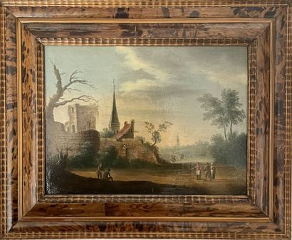 null Dans le goût de David TENIERS le Jeune 
Vue de village
Huile sur panneau 
Dans...