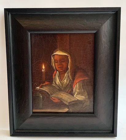 null Ecole flamande du XVIIe siècle 
Femme à la lecture 
Huile sur toile marouflée...