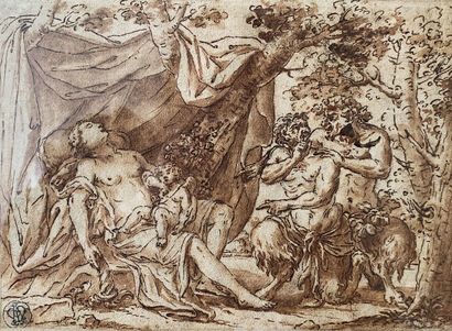 null French school of the 18th century 
Two satyrs and a nymph
Pen and brown ink,...
