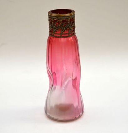 null Bottle of free form out of pink opalescent glass, the deformed body with cut...
