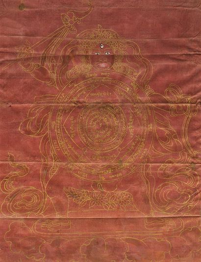 null Tangka, tempera on canvas, deity holding the kartika in his right hand, holding...
