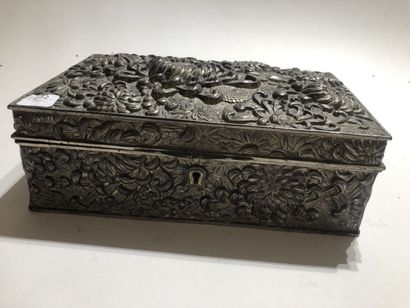 null Rectangular box covered with silver plated metal embossed with chrysanthemums...