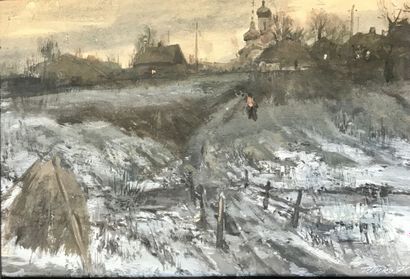 null Russian school XXth century
Village under the snow
Gouache,
Signed lower left,
26...