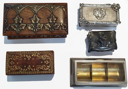 null Set of 5 stamp boxes.
Art nouveau, metal, leather, beveled glass.