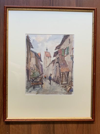 null HAEFFLINGER ( actif au XXème siècle)
"Rue animée de village médiéval"
Deux aquarelles...