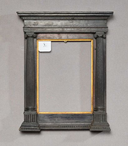 null Frame with tabernacle in molded wood, blackened and gilded with architectural...
