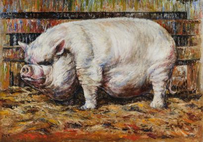null DITTE Reno (né en 1959)
Le Cochon
Huile sur bois, 
100 x 70 cm.