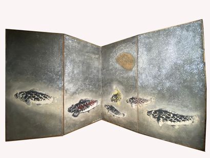 null Naondo NAKAMURA (1905 - 1981)
PARAVENT à quatre feuilles à décor au recto d'une...