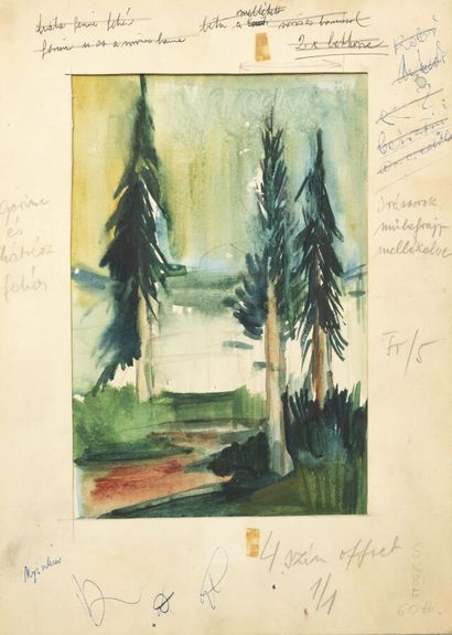 null Mária BOZÓKY (1917-1996)
Forêt et Dame sur son balcon
Deux dessins à l'aquarelle,...