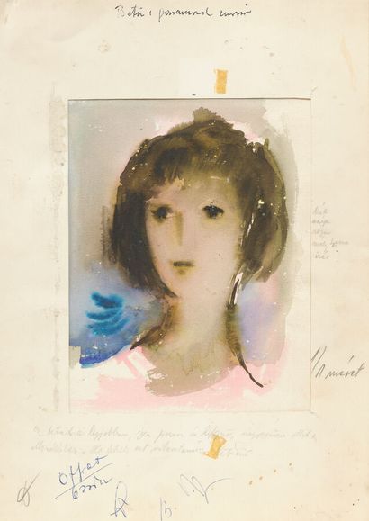 null Mária BOZÓKY (1917-1996)
Portrait de jeune fille, 
Dessin à l'aquarelle sur...