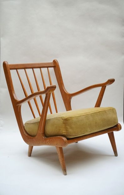 null FAUTEUIL scandinave en bois naturel verni à dossier incliné à cinq barreaux...