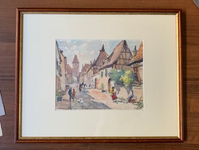 null HAEFFLINGER ( actif au XXème siècle)
"Rue animée de village médiéval"
Deux aquarelles...