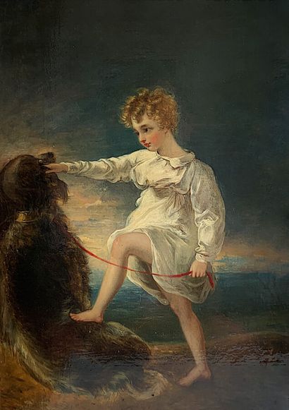 null École ANGLAISE - Vers 1820
Jeune garçon et son chien 
Huile sur panneau,
39,5...