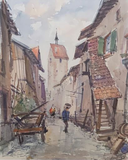null HAEFFLINGER ( actif au XXème siècle)
"Rue animée de village médiéval"
Deux aquarelles...