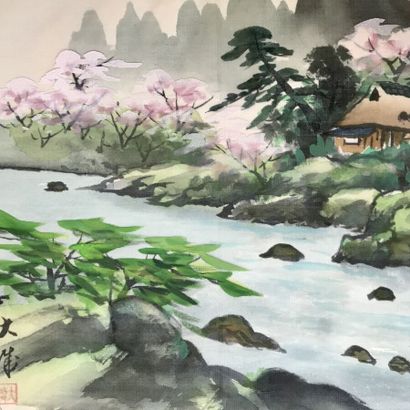 null École CHINOISE
Paysages chinois
Suite de 5 peintures sur soie,
36 x 25 cm.