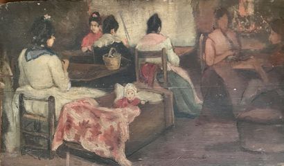null Ecole ESPAGNOLE - Vers 1900
Femmes et berceau
Huile sur panneau,
28 x 48 cm...