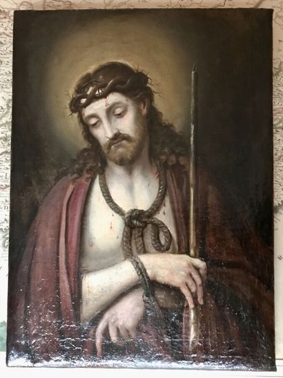 null École du XVIe siècle
Christ aux outrages
Huile sur toile,
41,5 x 30,5 cm. 
Restaurations....