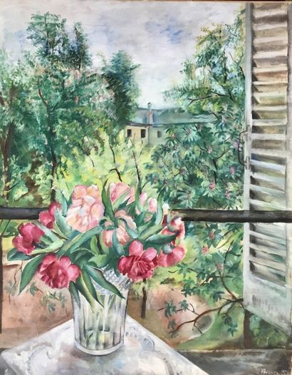 null Olga VTOROFF (1898-1936)
Bouquet de fleurs et volet
Huile sur toile, 
Signée...