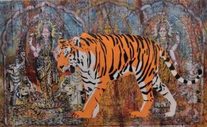 ARTISTE OUVRIER et MOSKO et Associés Parvati et le tigre Technique mixte sur palissade....