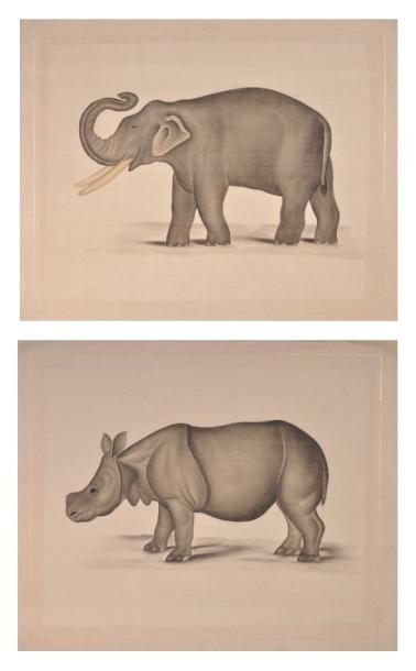 LAFITTE L.R Hippopotame et éléphant Deux aquarelles sur soie signee en bas a droite...